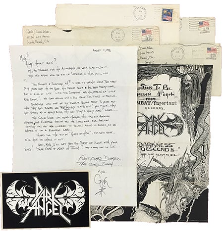 Item #64959 SMALL COLLECTION OF CORRESPONDENCE ADDRESSED TO A SOMERSET, PENNSYLVANIA FAN OF THE LOS ANGELES THRASH METAL BAND DARK ANGEL. Dark Angel.