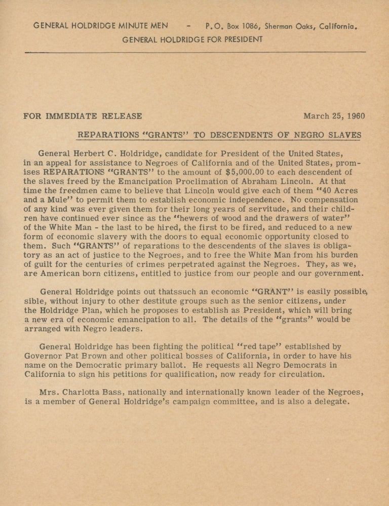 Item #73202 REPARATIONS “GRANTS” TO DESCENDENTS OF NEGRO SLAVES. Herbert C. Holdridge.