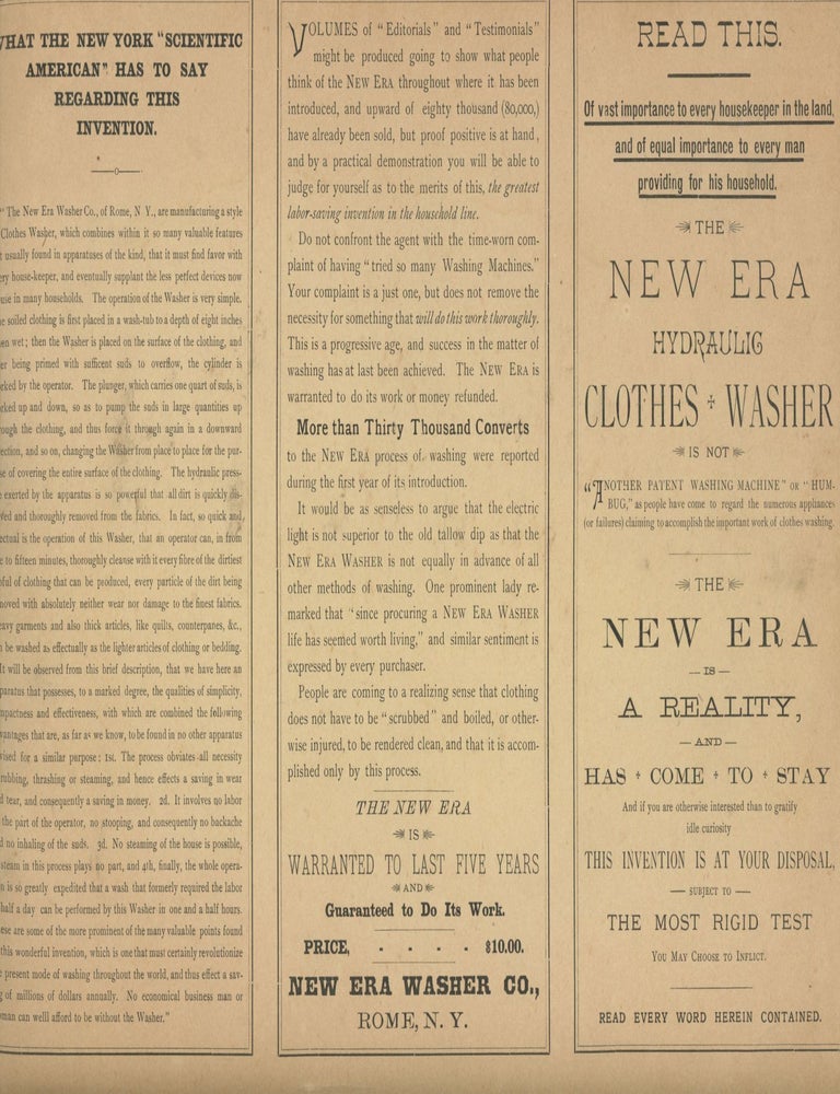 Item #76882 TIME, LABOR AND MONEY SAVED. The Ladies&rsquo; Friend, The New Era Hydraulic Clothes Washer. Domestic Life, Advertisements.