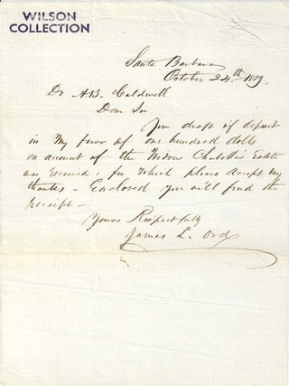 Item #77079 AUTOGRAPH LETTER SIGNED BY THE CALIFORNIA PIONEER. James L. Ord, M. D