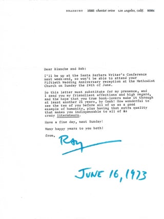 Item #77193 TYPED LETTER SIGNED BY THE REVERED SCIENCE FICTION WRITER. Ray Bradbury