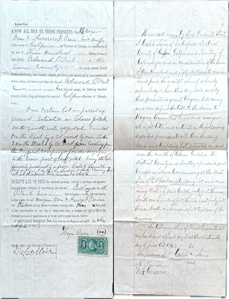 Item #79365 PRE-STATEHOOD PROPERTY SALES NEAR BLACK HAWK, COLORADO. Colorado.