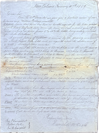 Item #79426 NEW ORLEANS LETTER CONCERNING COMMODITY PRICES IN 1859. Americana