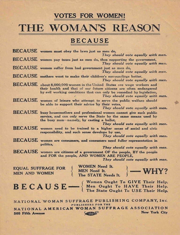Item #80544 VOTES FOR WOMEN! THE WOMAN&rsquo;S REASON. Women's Suffrage.